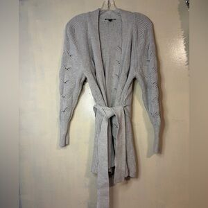 Long lined chunky belted cardigan express size S gray crochet academia boho
